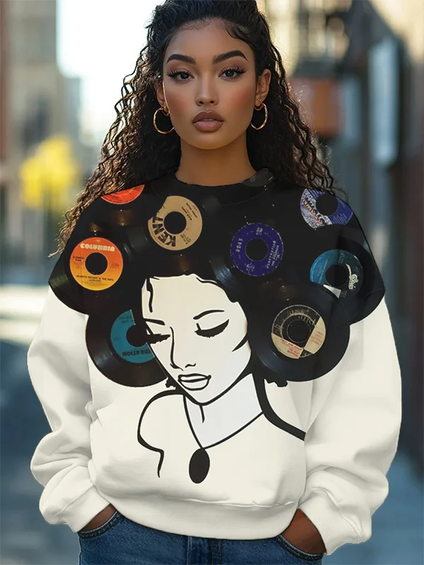 Women's Music Girl Retro Vinyl Record Art Print Casual Sweatshirt