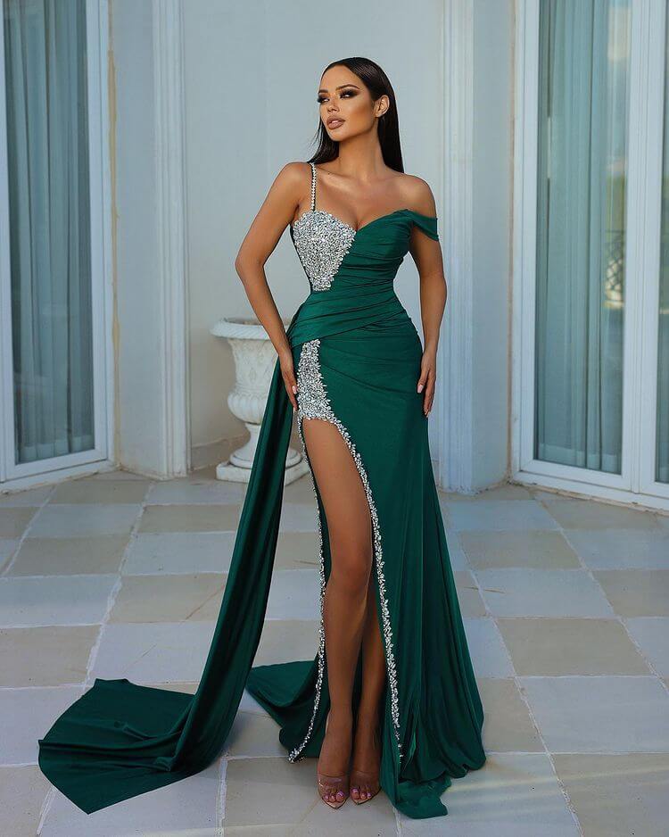 emerald green prom dress and suit