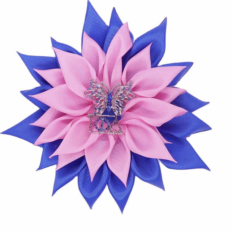 Blue Pink Striped Satin Ribbon Pin Rhinestone Butterfly Gamma Phi Delta JACK AND JILL FOREVER Flower Corsage Sorority Brooch