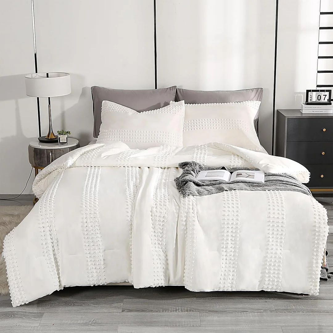 Qucover Comforter Set - Boho Bedding Sets 3 Size, 3 PCS Tufted Comforter with Pom Pom Design for All Season, Lightweight Soft Microfiber Cooling Comforter with 2 Pillow Cases
