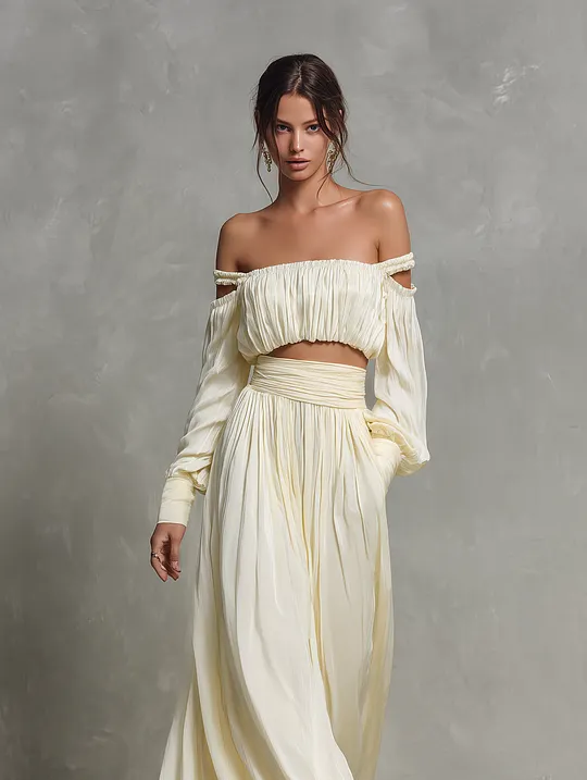 Women's Elegant Beige Chiffon Off-shoulder Long-sleeve Top And Skirt Set MD