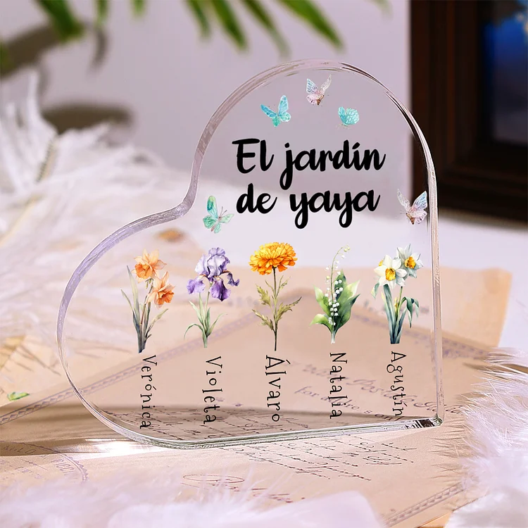 Abuela - Placa de acrílico en forma de corazón "flores" de yaya 1-6 nombres y flores personalizados