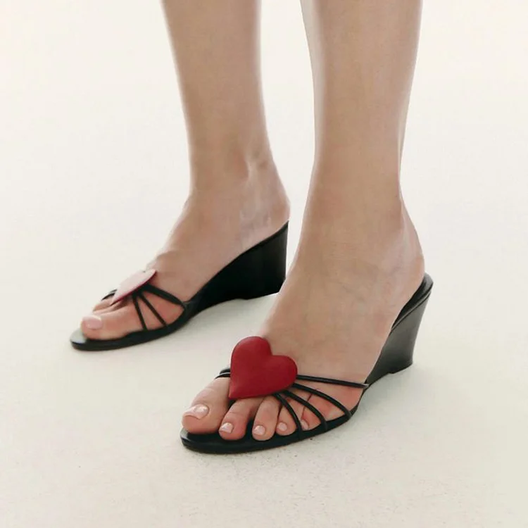Vintage Black Open Toe Heart Design Strappy Wedge Mules for Women |FSJ Shoes