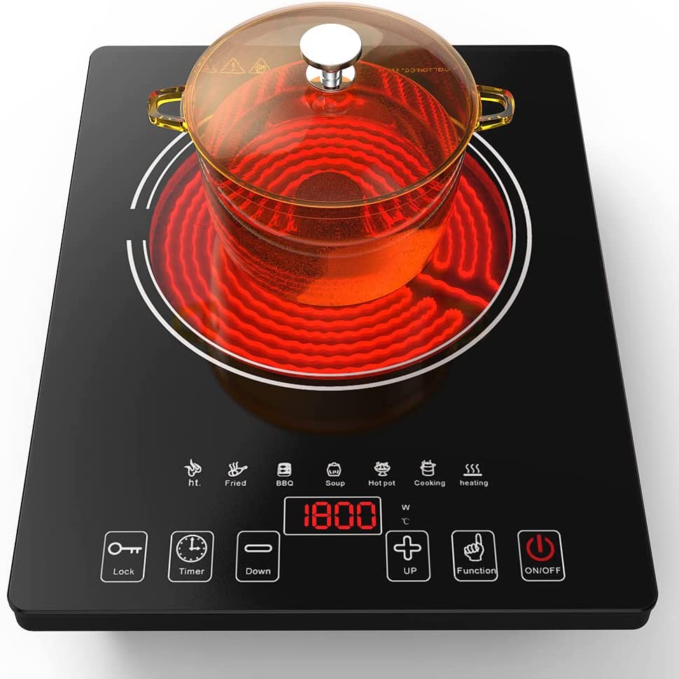 ANHANE 1800W Electric Hot Plate Single Burner,Portable Electric Stove for cooking,Infrared Burner,4-Hour Setting,Black Crystal Glass Surface Compatibl