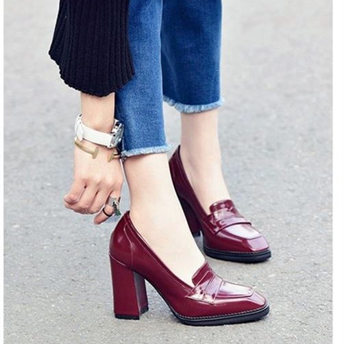 Burgundy Patent Leather Block Heel Square Toe Heeled Loafers for Women |FSJ Shoes