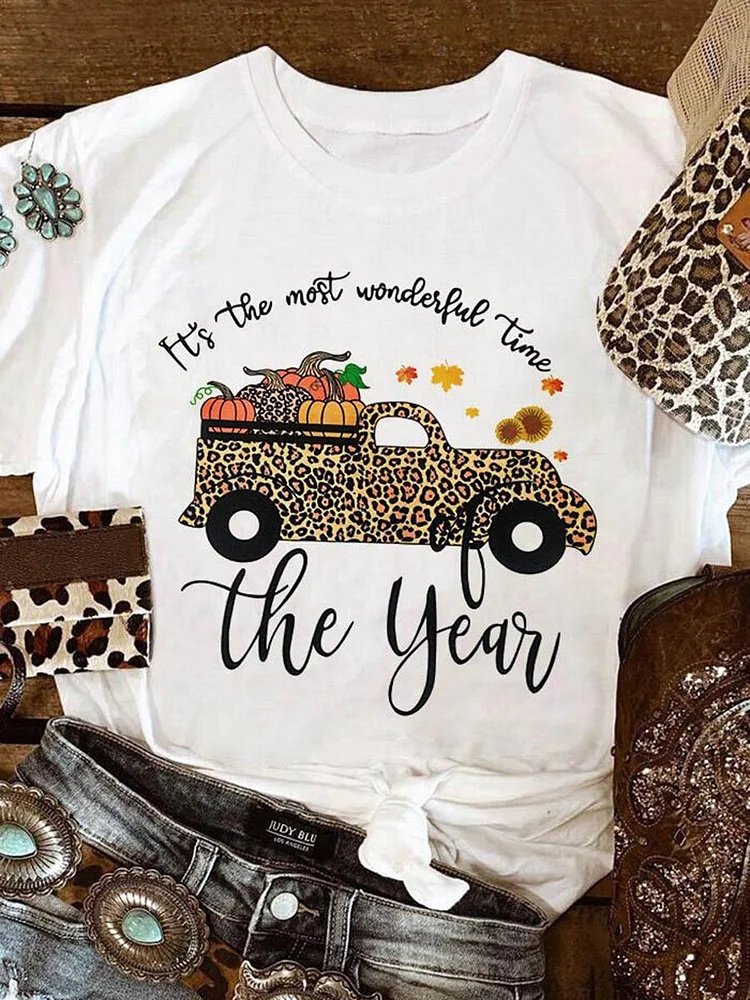 Bestdealfriday Thanksgiving Pumpkin Letter Print Round Neck Casual Women's Short Sleeve T-Shirt