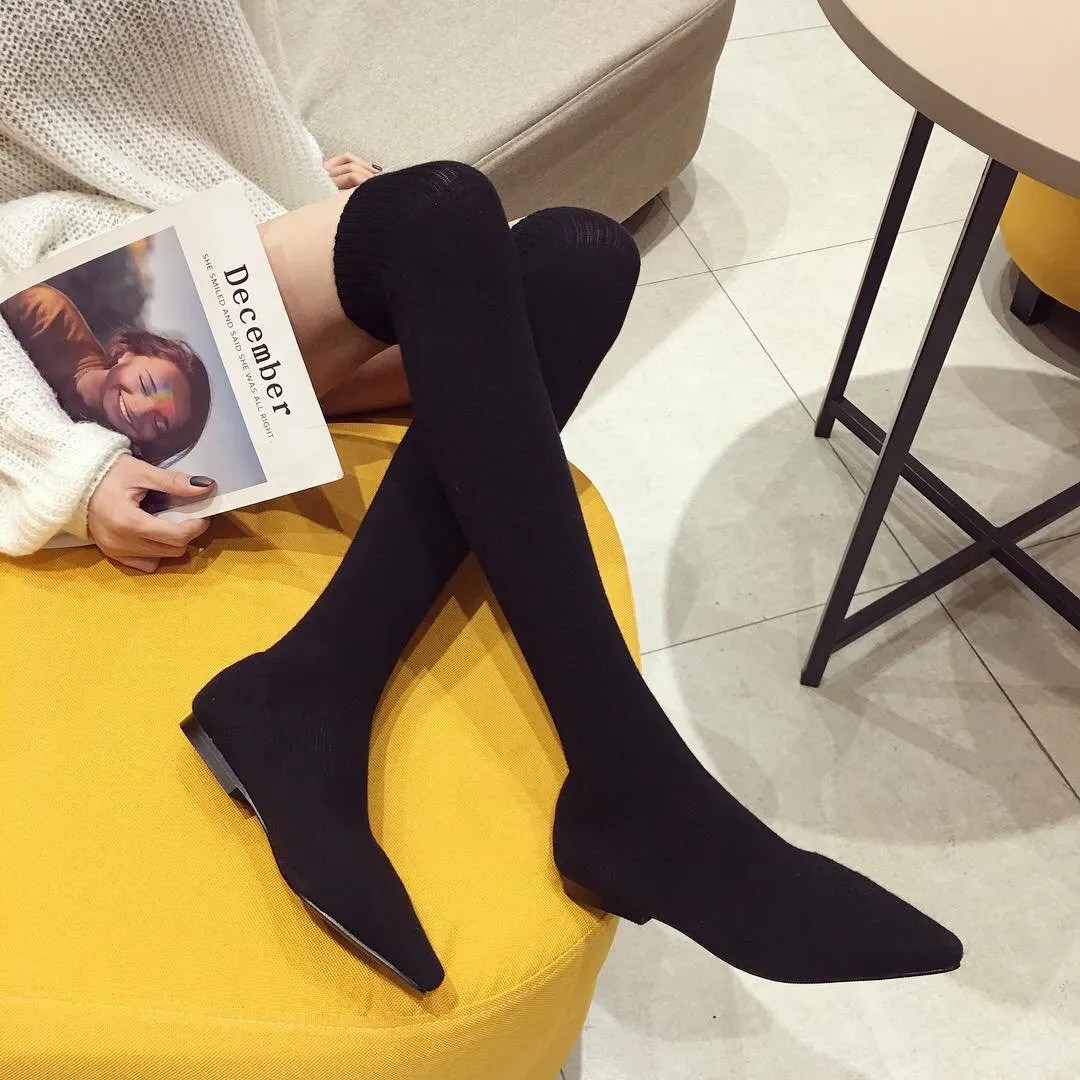 VCSHOES Flat Bottomed Boots Knitted Wool Socks Pointed Elastic Boots