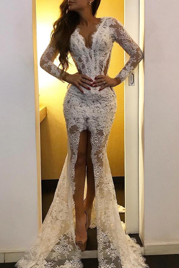Dresseswow White Lace Long Sleeve Prom Dress Mermaid With Slit