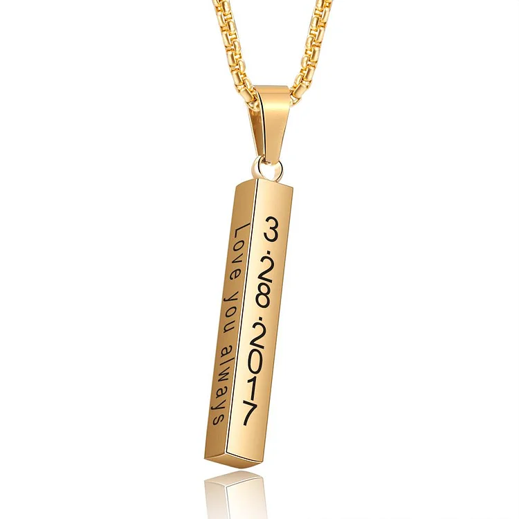 Men Vertical Bar Necklace Engraved 4 Side Personalized 3D Bar Necklace Gold
