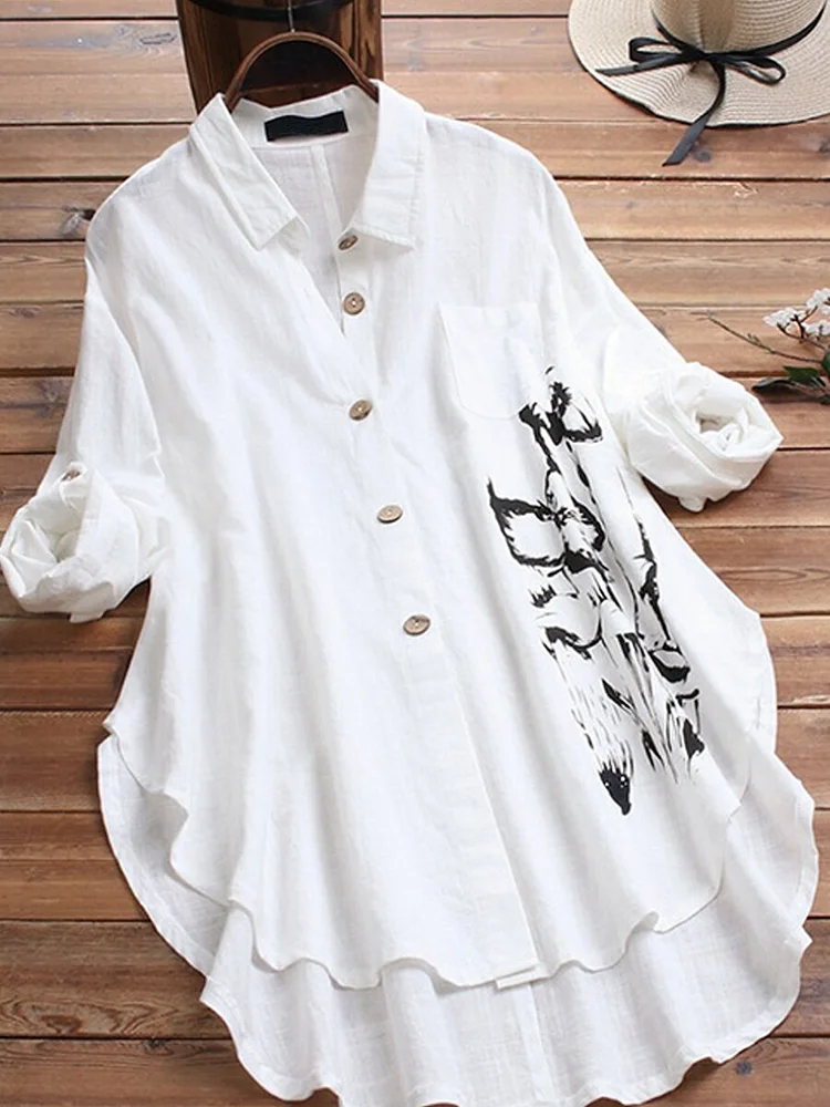 Cotton and linen mid-length irregular printing long-sleeved lapel large size shirt socialshop