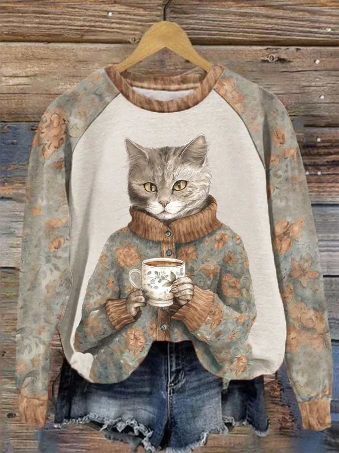 Women's Winter Funny Cute Wonderland Clothing Floral Cat Printed Sweatshirt