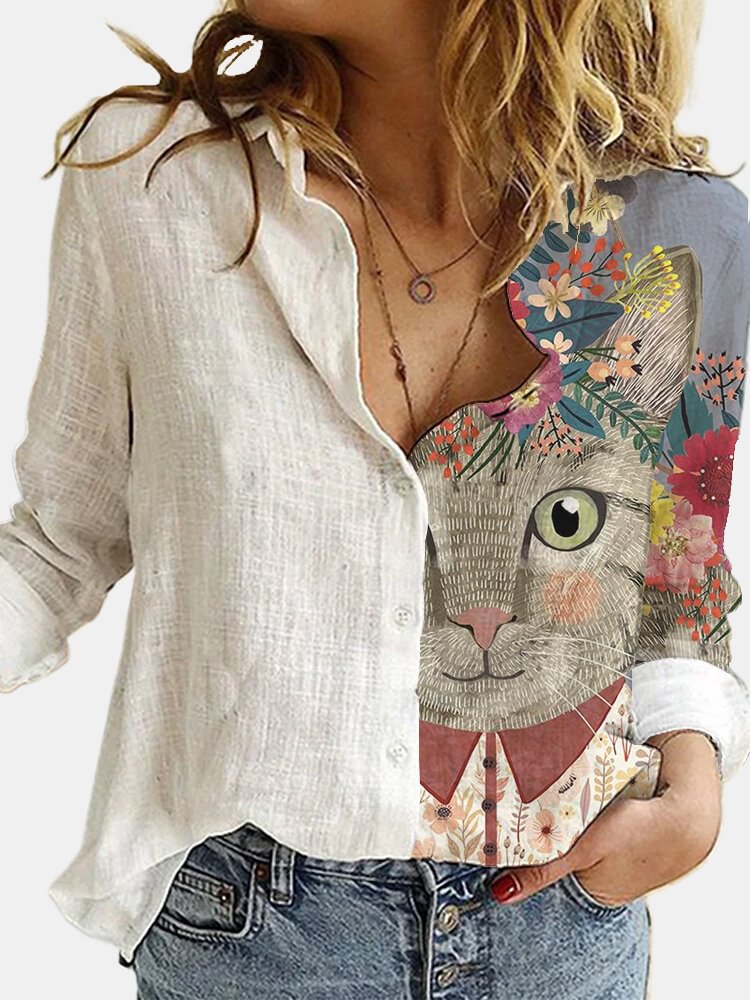 Cartoon Cat Printed Lapel Collar Button Long Sleeve Blouse P1729124