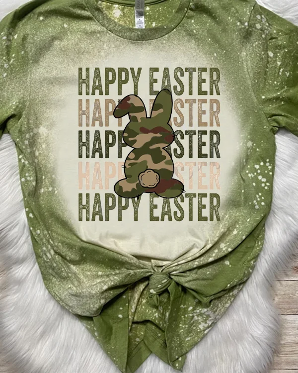 Happy Easter Bunny Rabbit Stacked Camo Print V Neck T-shirt