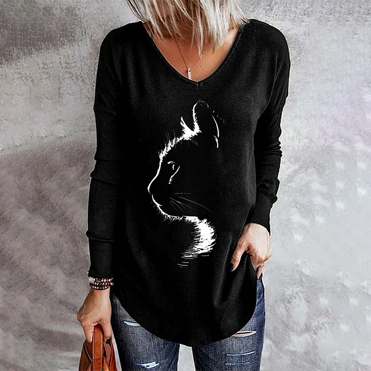 Vefave Casual Cat Print Long Sleeve T-Shirt