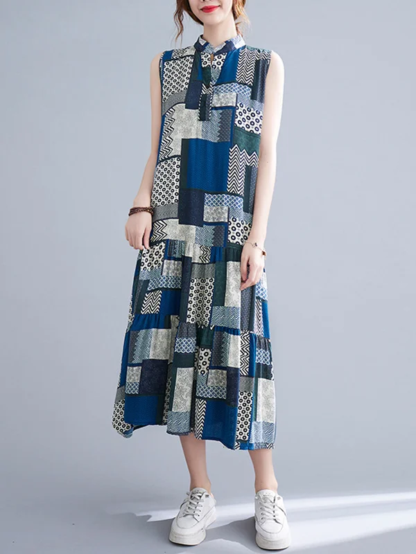 Artistic Retro Contrast Color Stamped Tied Stand Collar Midi Dress