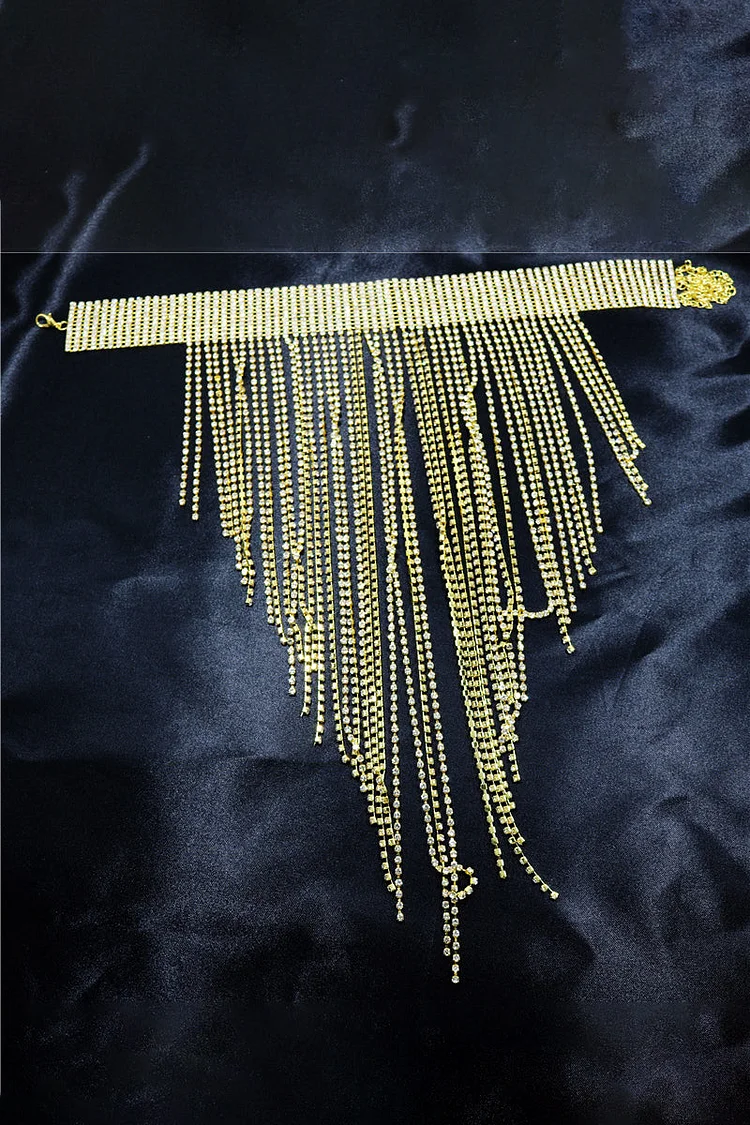 Elegant Rhinestone Fringed Asymmetric Choker Necklace