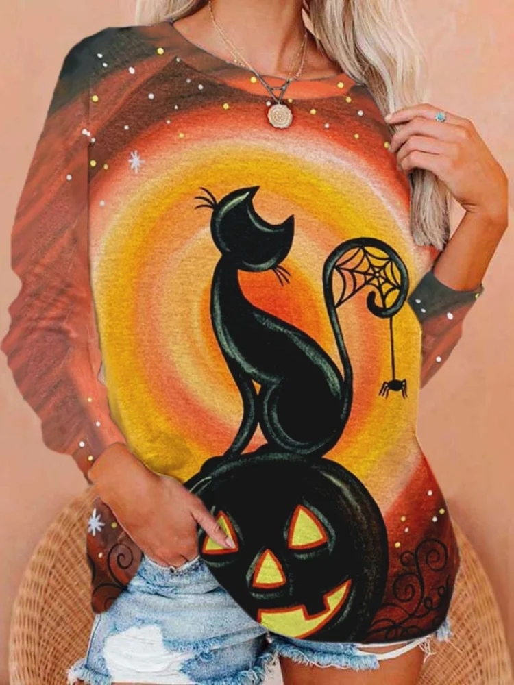 Vefave Halloween Cat Pumpkin Print Long Sleeve Sweatshirt