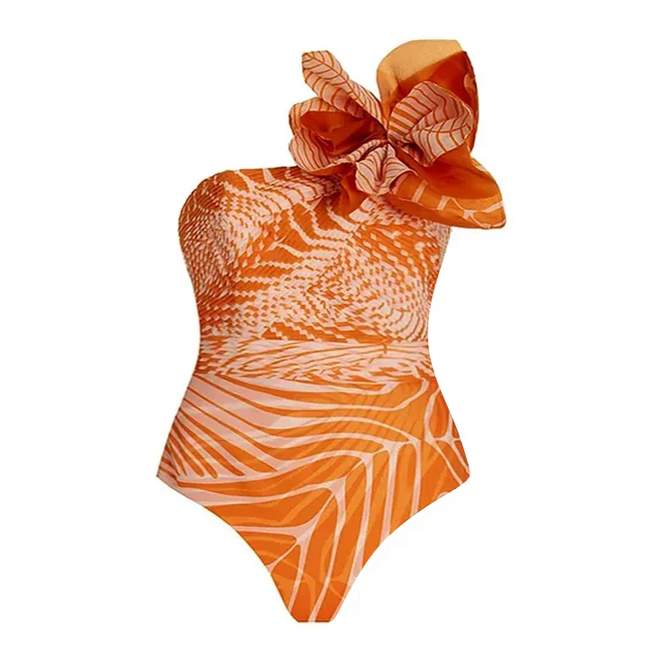 Plus Size 3D Flower Printed One Piece Swimsuit and Skirt Flaxmaker