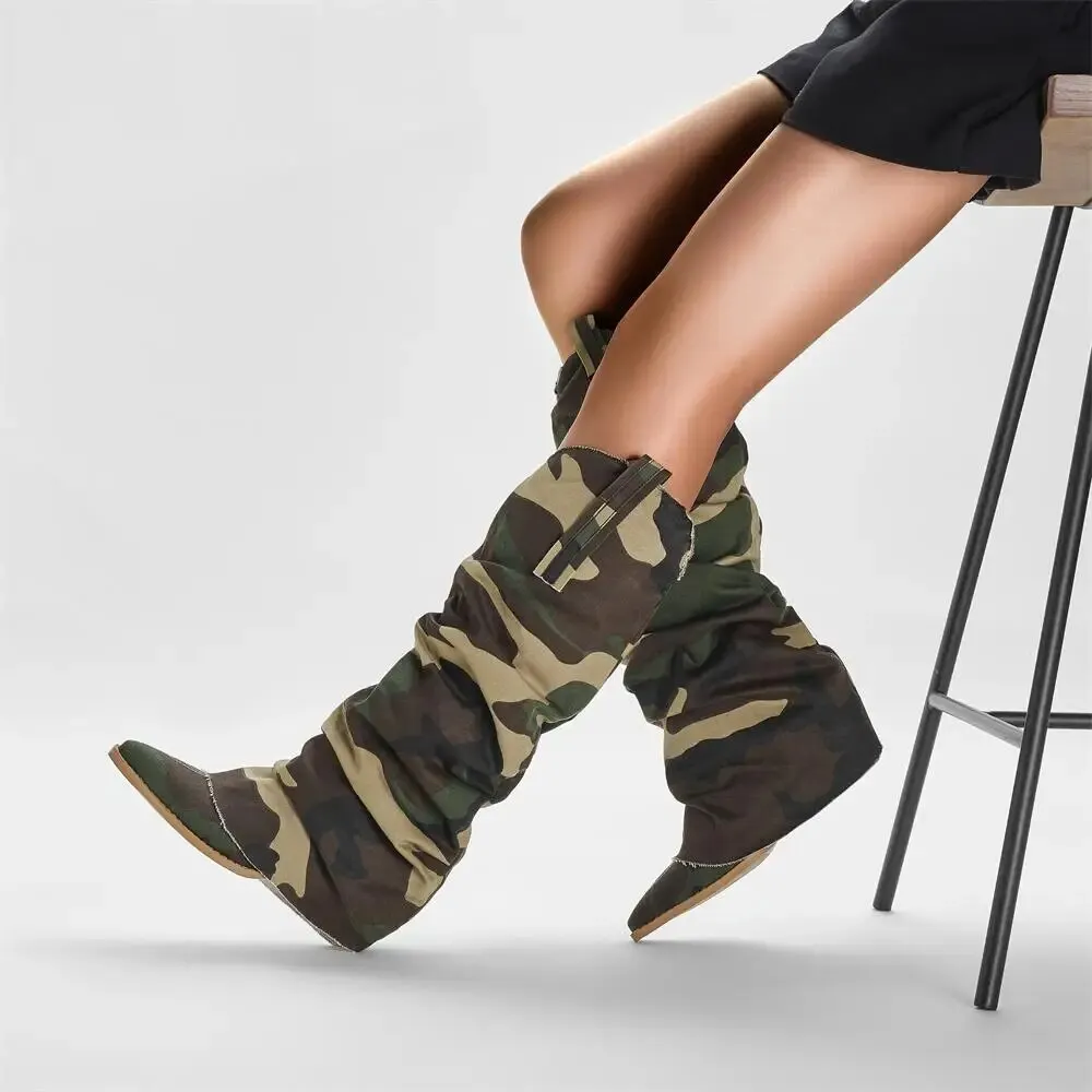 VCSHOES Denim Western Women Knee Thigh High Boots High Heel Cowboy Long Boots Size 43 Woman Shoes