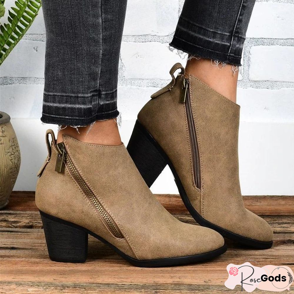 Buckle Side Zipper Ankle Boots Pointed Toe Chunky Heel Booties