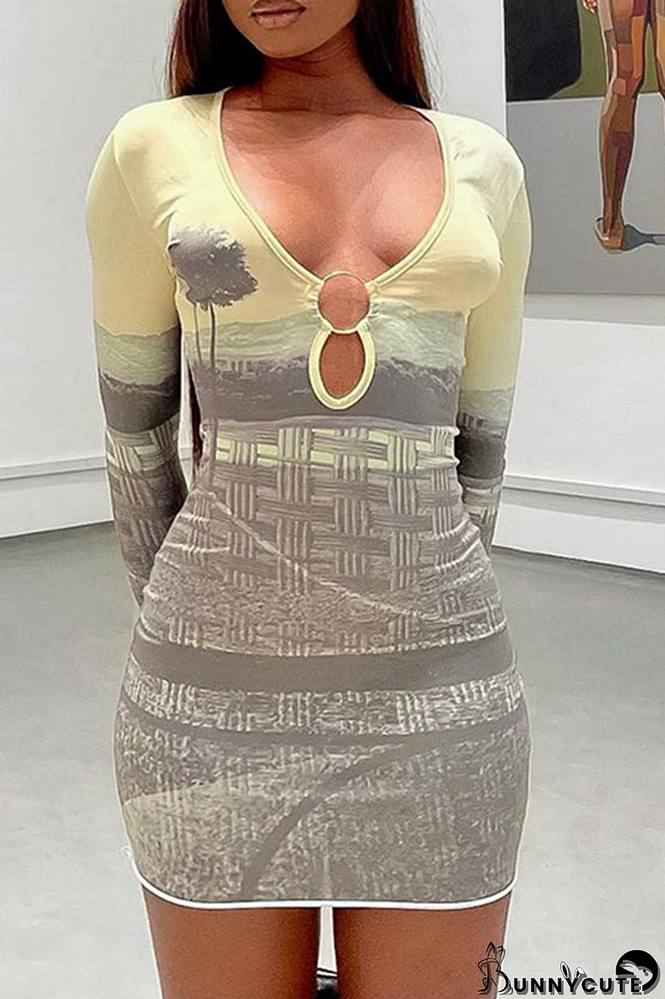 Grey Sexy Print Patchwork U Neck Pencil Skirt Dresses