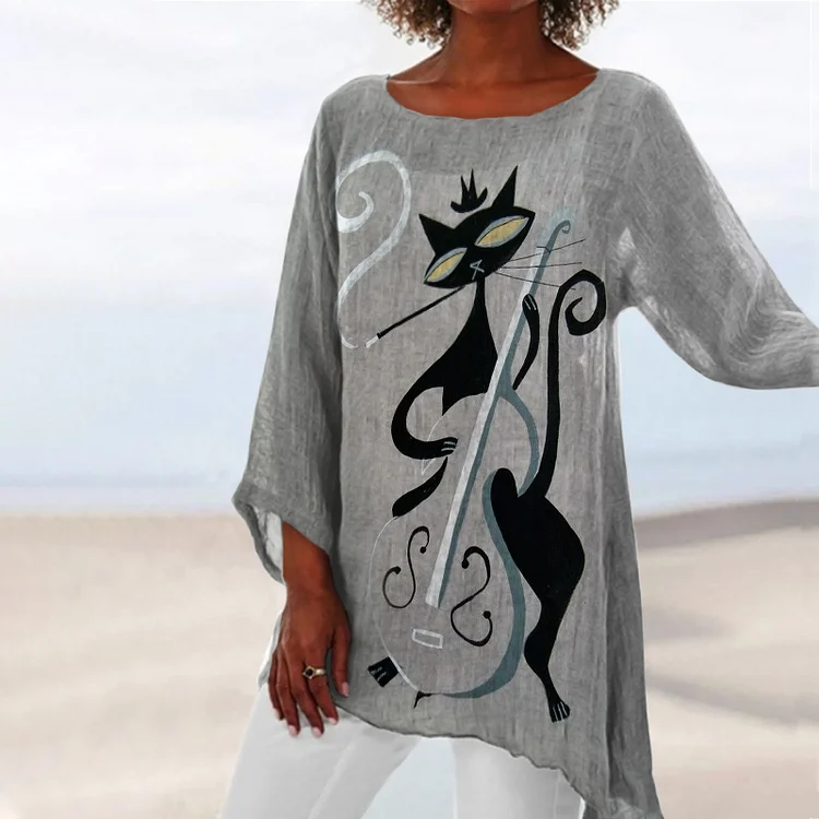 Vefave Cat Print Crew Neck Casual T-Shirt