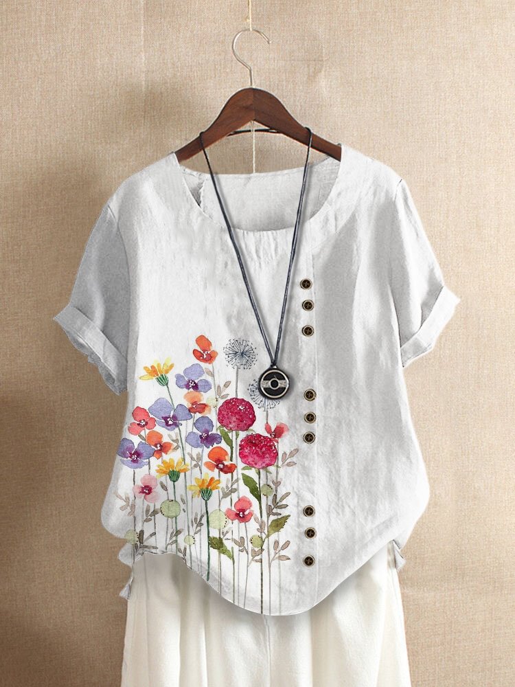 Button Short Sleeve Floral Print O neck Casual T Shirt For Women P1836192