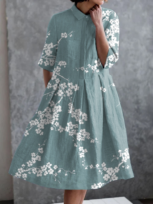 Vintage Japanese Plum Blossom Print Casual Elegant Pocket Half Sleeve Dress