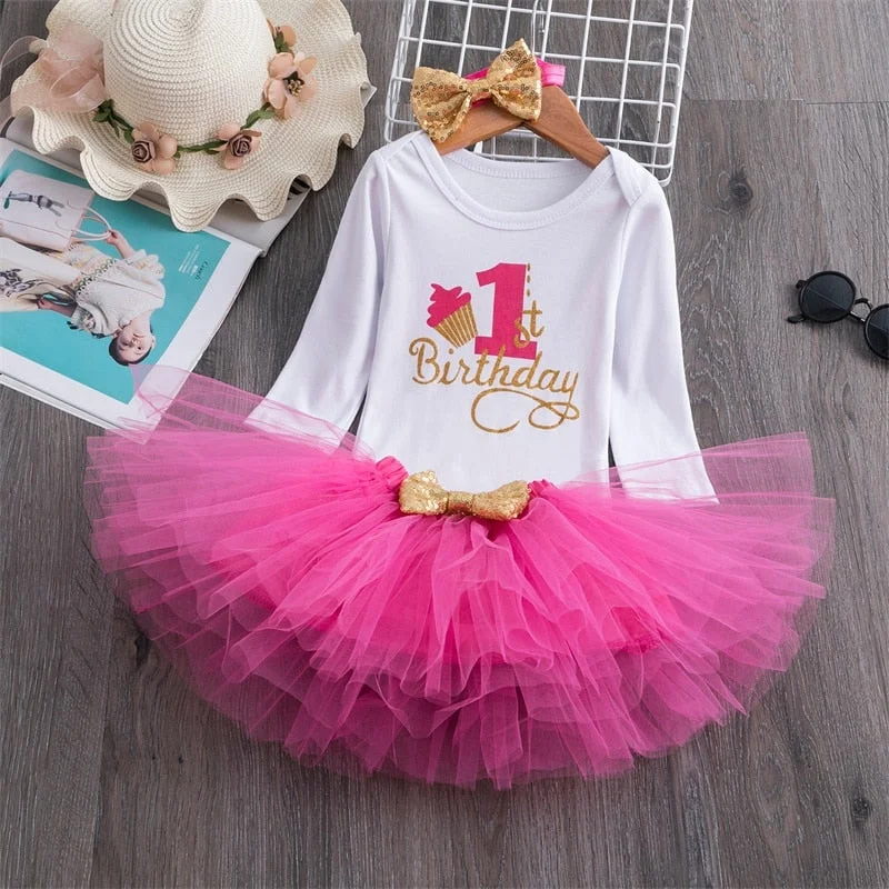 1 Year Girl Baby Birthday Dress Summer New Cotton Kids Baby Clothes First 1st Birthday Christening Dresses For Toddler Girls