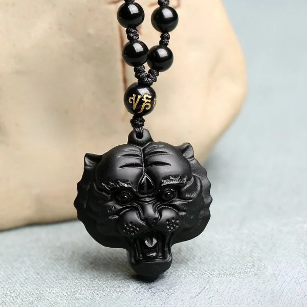 Natural Black Obsidian Hand Carved Tiger Head Pendant Necklace