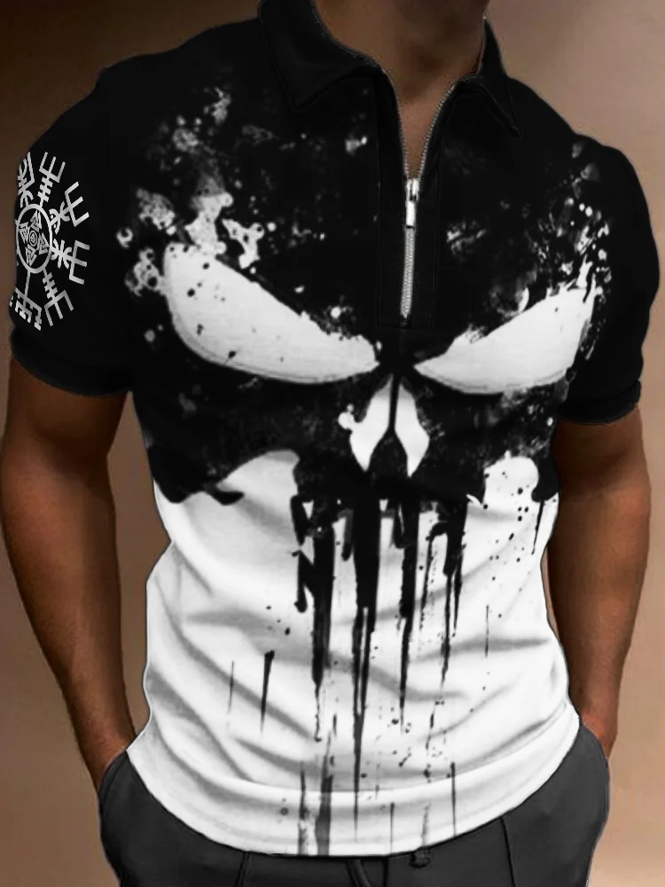 BrosWear Men's Viking Vegvisir Skull Contrast Color Polo Shirt
