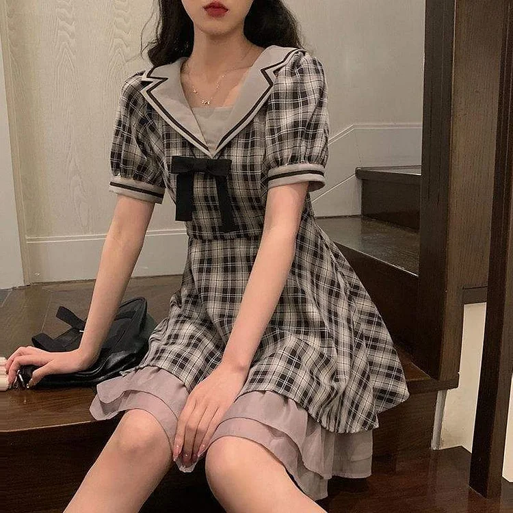 Cute Sailor Collar Plaid Gray Summer Dress SP16004