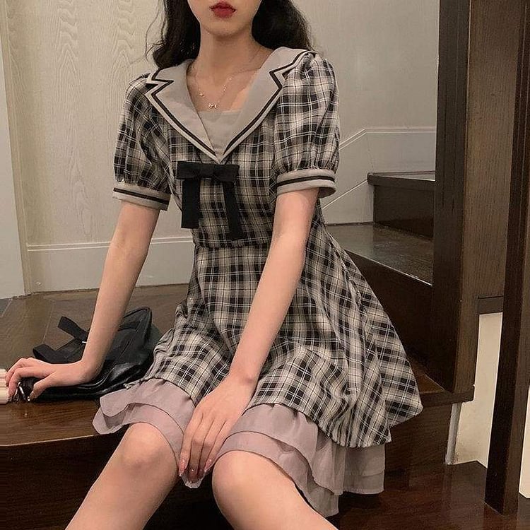 Cute Sailor Collar Plaid Gray Summer Dress SP16004