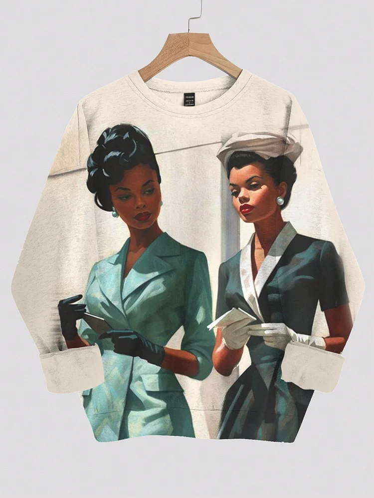 Women's Retro Elegant Women Drinking Coffee Print Cozy Sweatshirt