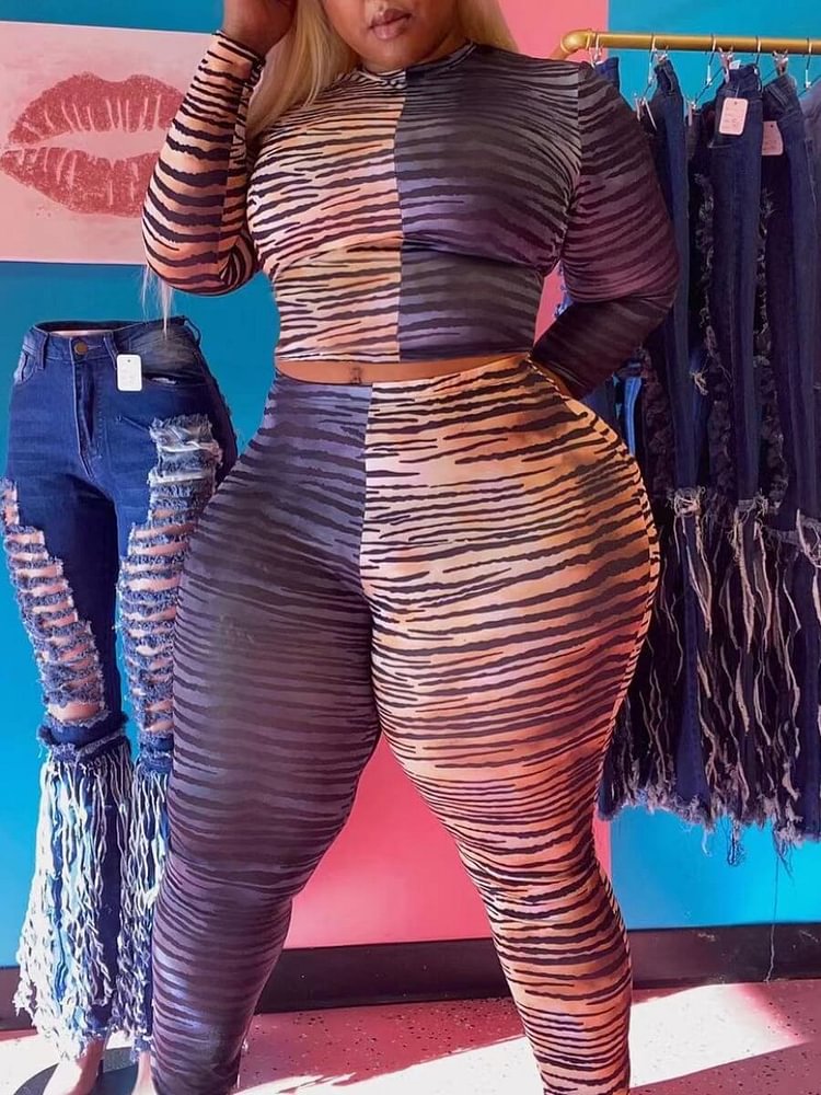Perrygirls Sweet O Neck Leopard Print Patchwork Multicolor Plus Size Two-piece Pants Set P13893
