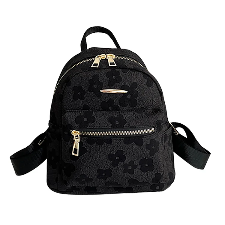 Flower Print Pure Backpack for Girl Soft Canvas Portable School Bag (Black)