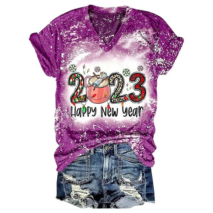 VChics Happy New Year Print V Neck Short Sleeve Casual T-Shirt