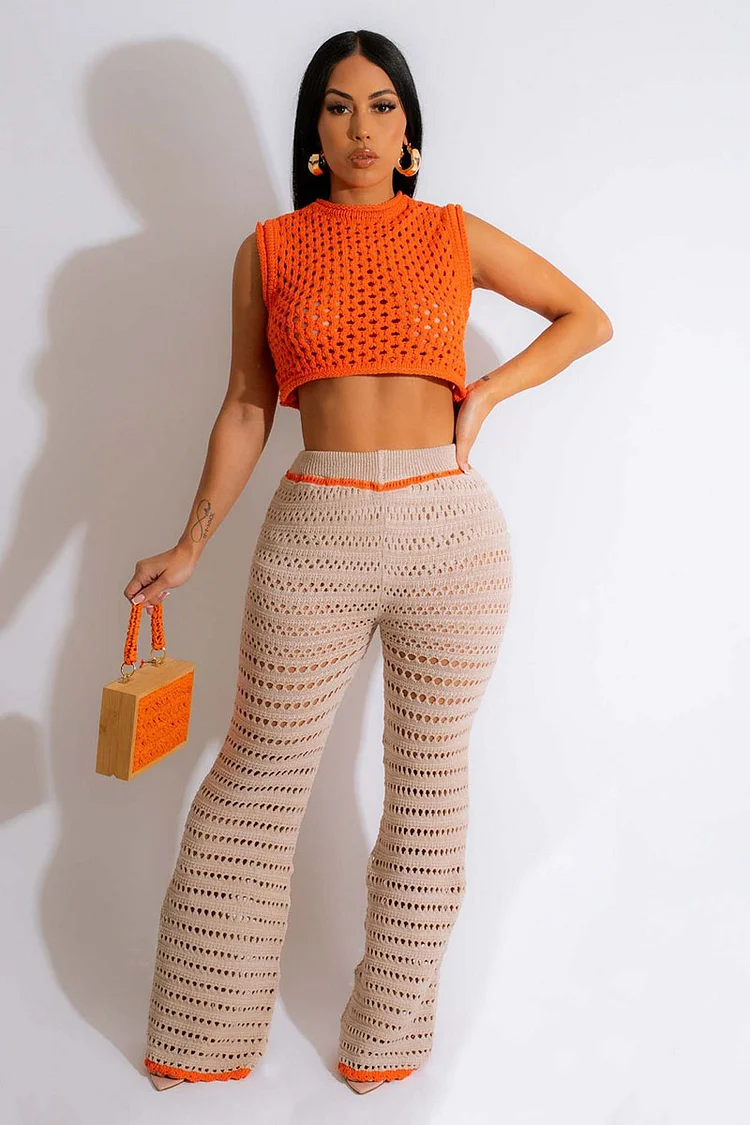 Crochet Colorblock Sleeveless Crop Top Flare Leg Vacation Pants Matching Set