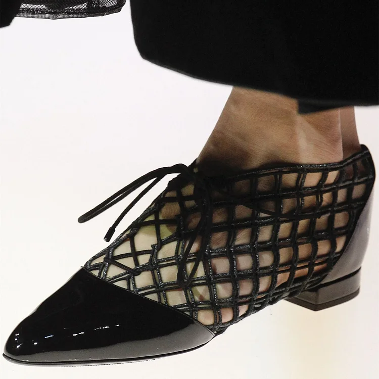 Black Patent Leather & Nets Patchwork Pointed Toe Lace Up Flats |FSJ Shoes