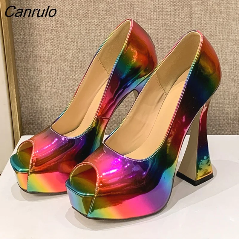 Canrulo Ultra High heels Glitter patent leather Rainbow Women Pumps Sexy Peep toe Colorful Platform Wedges Female Party Club Shoes
