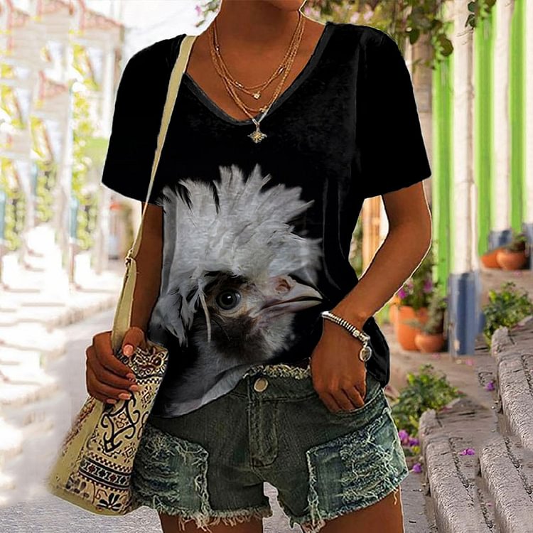 Vefave Casual Rooster Print Contrast T-Shirt