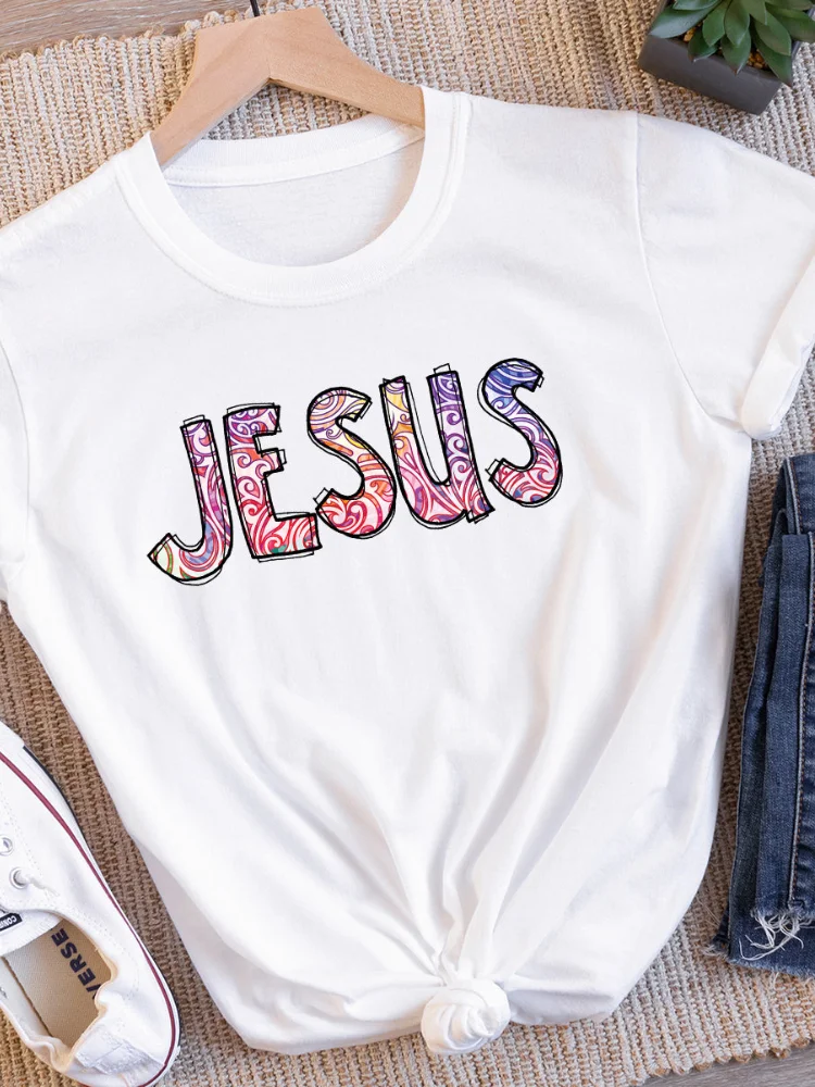 Vefave Jesus Print Casual Crew Neck Short Sleeve T Shirt