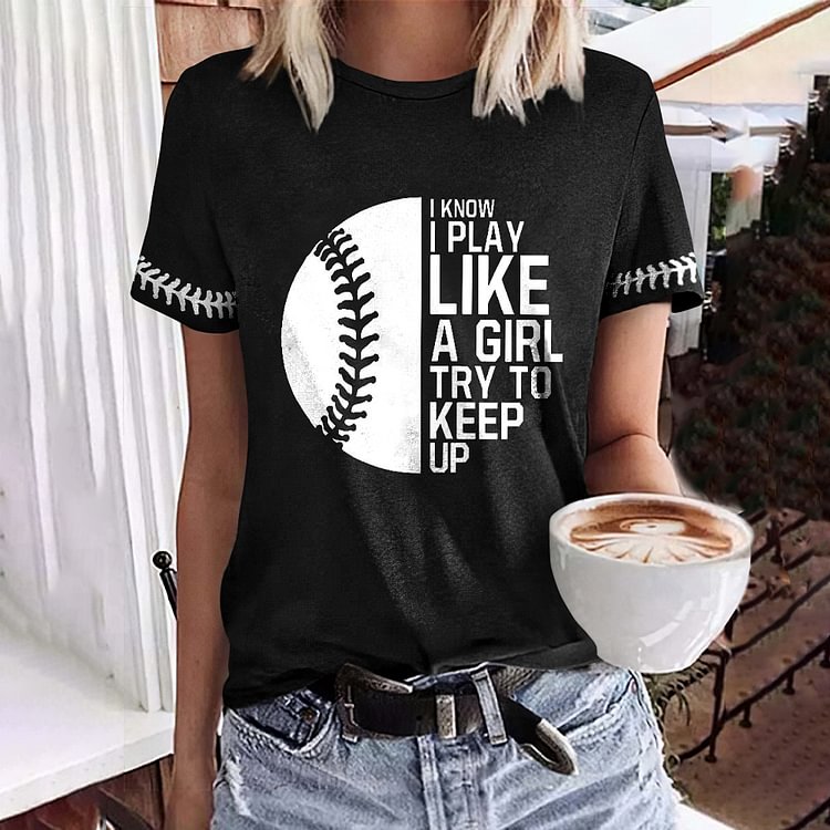 Comstylish Baseball Letter Print Round Neck Casual T-Shirt