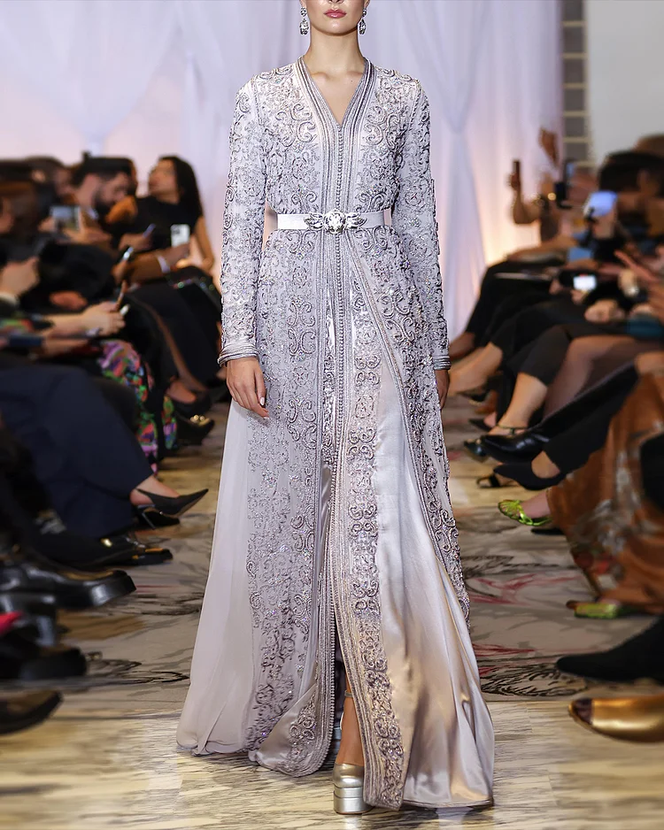 Women's V-Neck Long Sleeve Embroidered Kaftan Dress