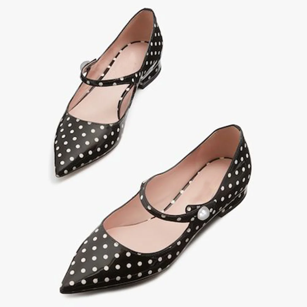Black Pointed Toe Polka Dots Flats With Buckle Pearl Low Chunky Heels Nicepairs