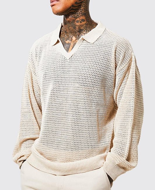 Casual Polo Knit White Long Sleeve Shirt