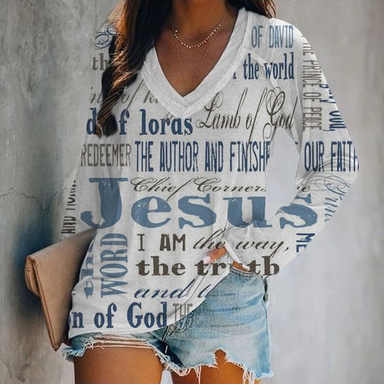 Comstylish Jesus Letters Printed Long Sleeve V Neck Casual T-Shirt
