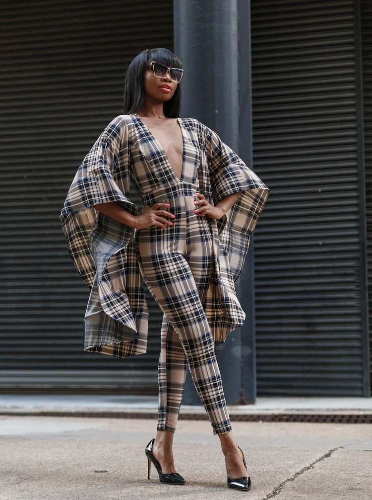Bat Sleeve V-Neck Jumpsuit With Plaid Print