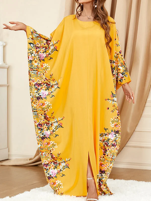 Muslim Stamped Split-Front Batwing Sleeves Roomy Round-Neck Maxi Dresses