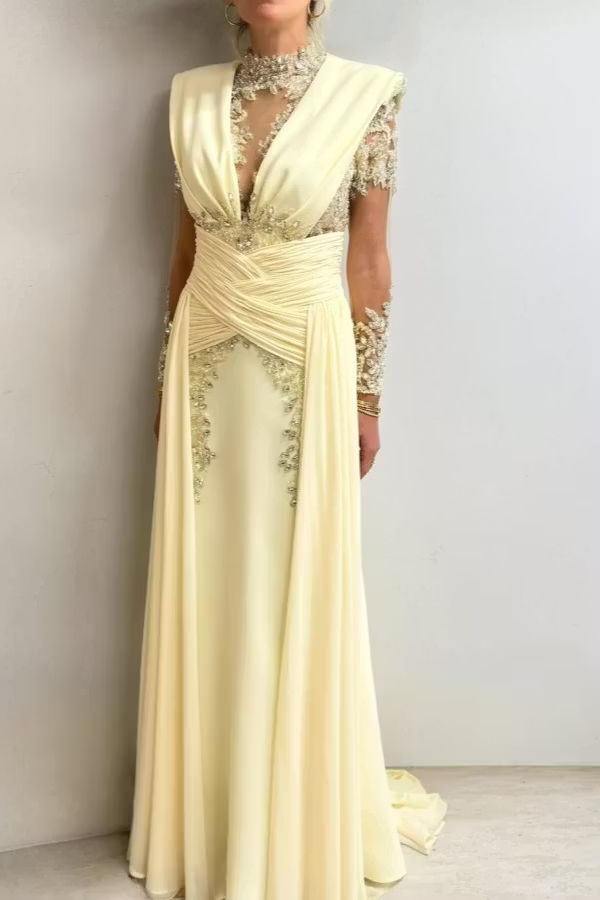 Shining High Neck Long Sleeves High-Waisted Long Pleated A-Line Prom Dress | WQ0649 Wellcucu